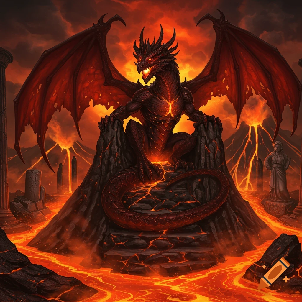 A powerful red and black dragon with glowing eyes and chest sits atop a volcanic peak surrounded by rivers of lava and ancient ruins under a fiery red sky.