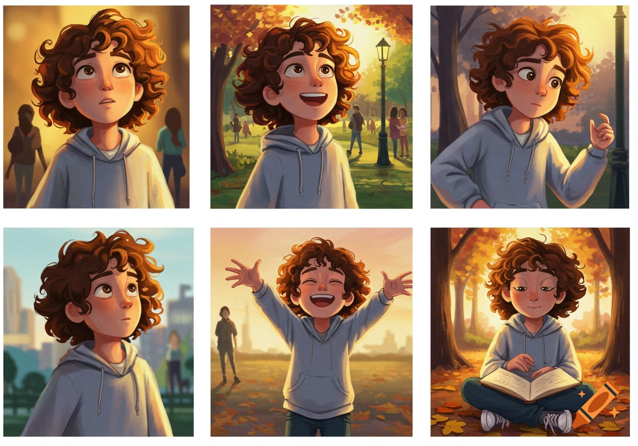 Six cartoon illustrations of a curly brown-haired boy with different expressions and poses in park settings.