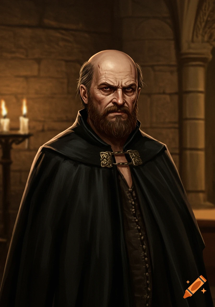 A stern, bald, bearded man with scars on his forehead, wearing a dark cloak and period clothing, stands in a dimly lit stone chamber in a detailed fantasy art style.