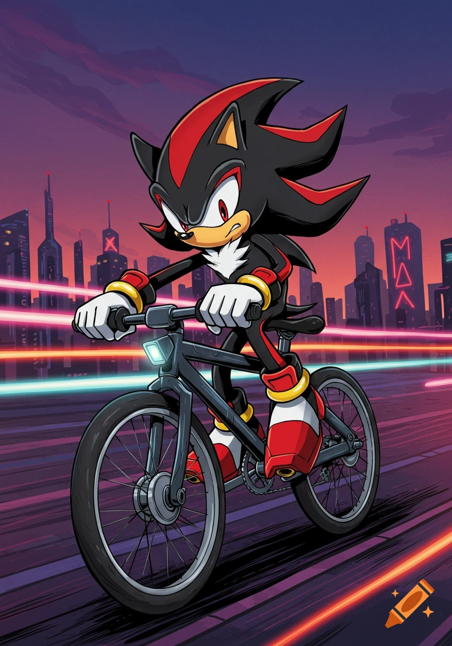 Shadow the Hedgehog rides a bicycle through a futuristic city at sunset in a dynamic comic book art style.