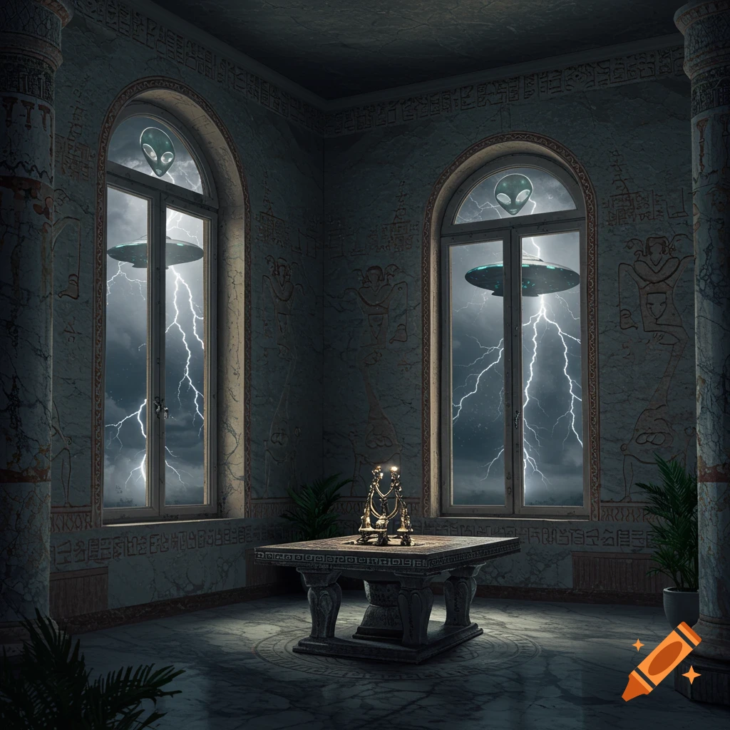A dimly lit ancient room with hieroglyph-covered walls, arched windows revealing a stormy sky with UFOs, lightning, and alien faces.