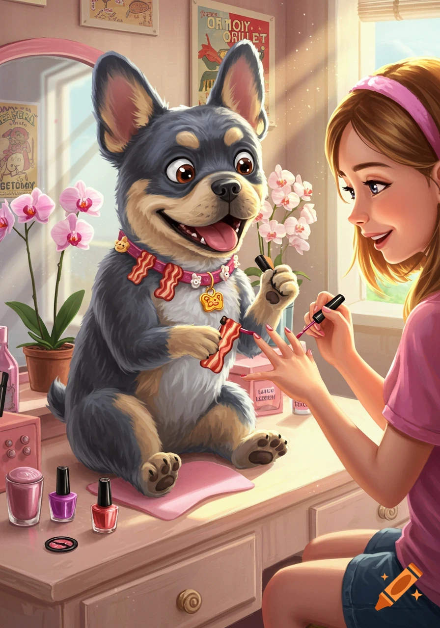 A happy cartoon dog with bacon charms helps a girl paint her nails at a vanity, surrounded by orchids and nail polish bottles.