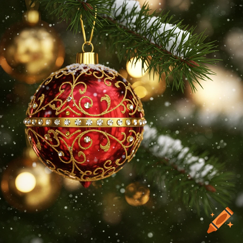 A red Christmas ornament with gold filigree and jewels hangs from a snow-covered evergreen branch with golden lights.