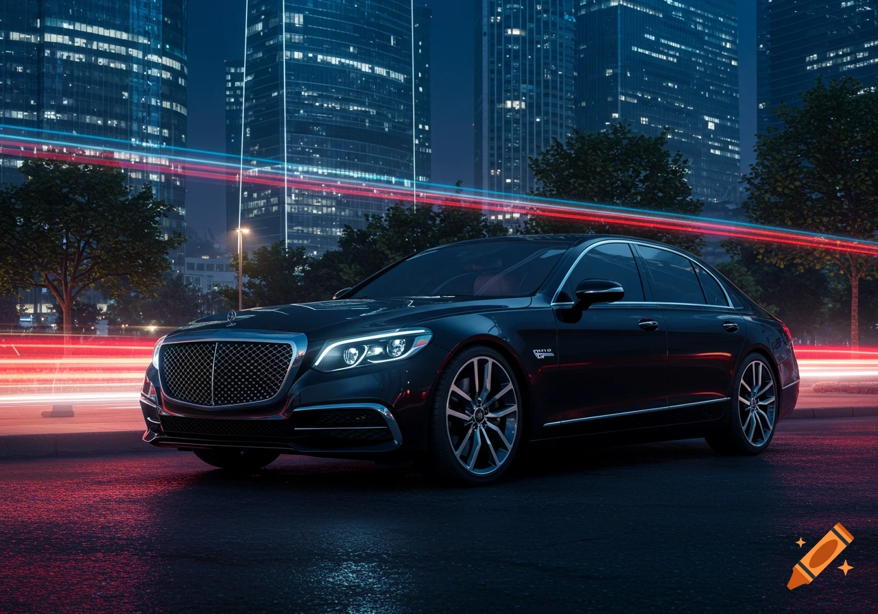 A sleek black luxury sedan parked on a wet city street at night, with towering skyscrapers and vibrant red and blue light trails in the background.