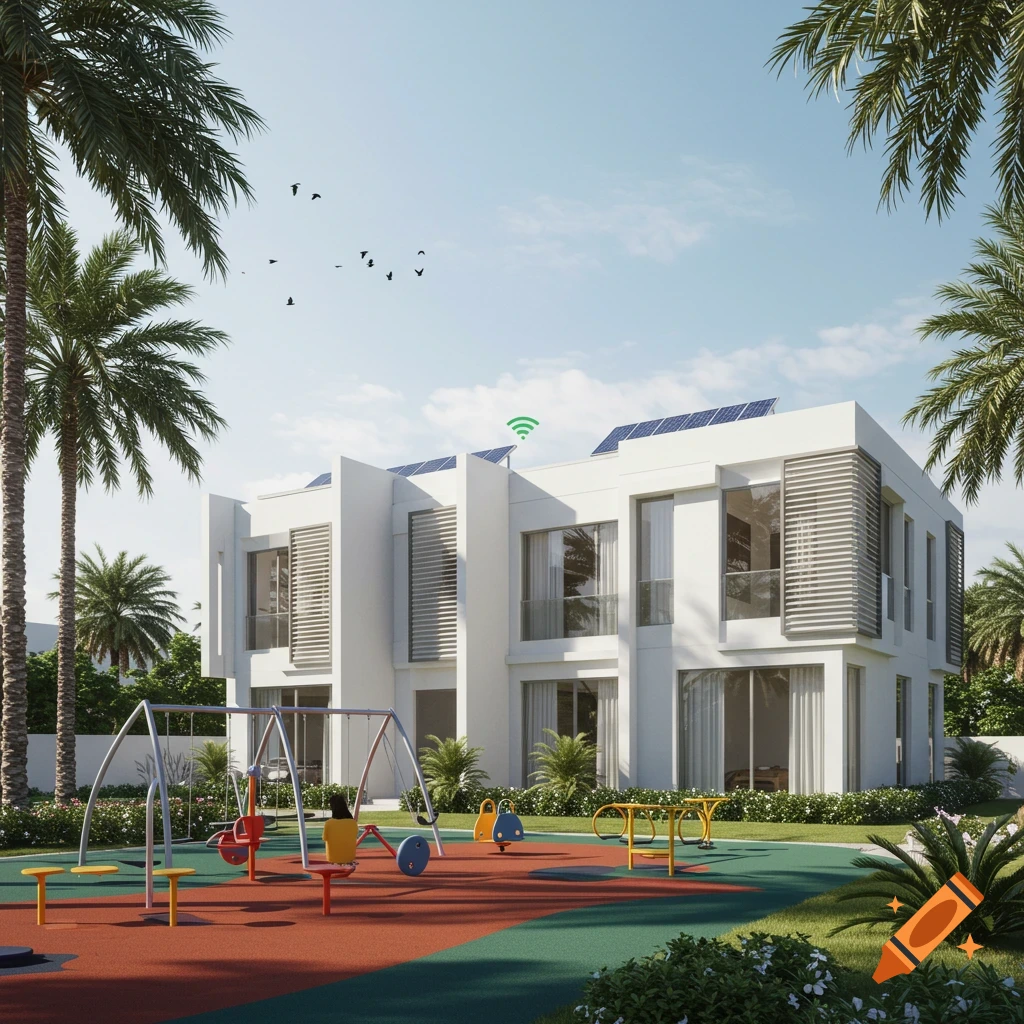 A modern white smart home with solar panels and a playground in front, surrounded by palm trees under a blue sky.