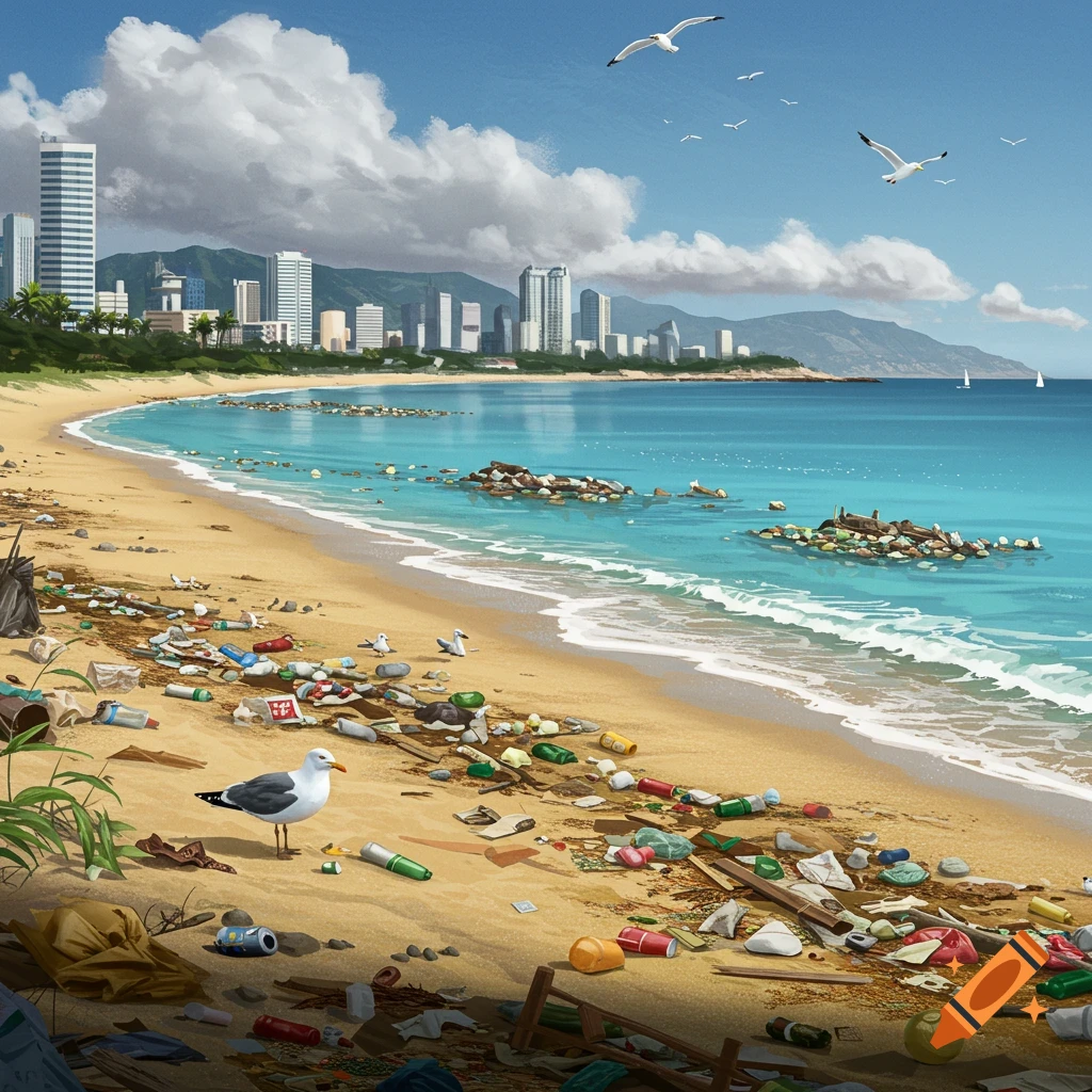 A digital painting of a heavily polluted beach with plastic waste and debris, a city skyline in the background under a blue sky. Seagulls are on the sand and flying.