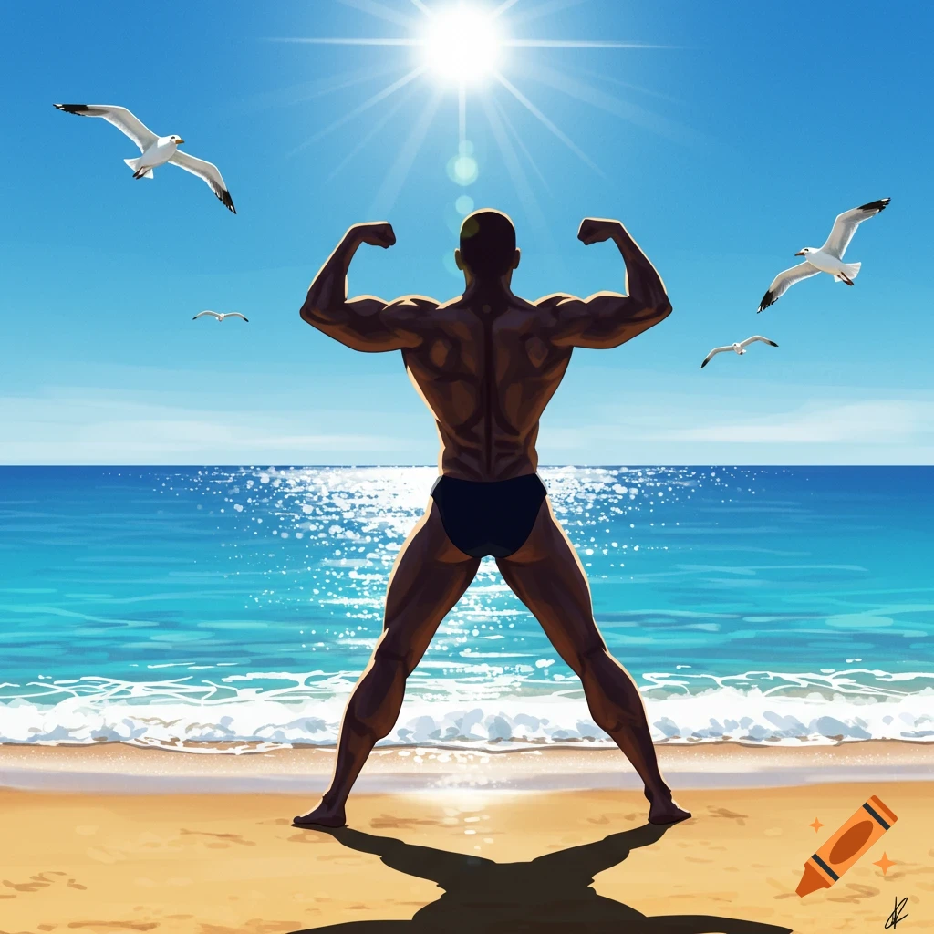 Illustration of a muscular person flexing on a sunny beach, facing the ocean with seagulls.