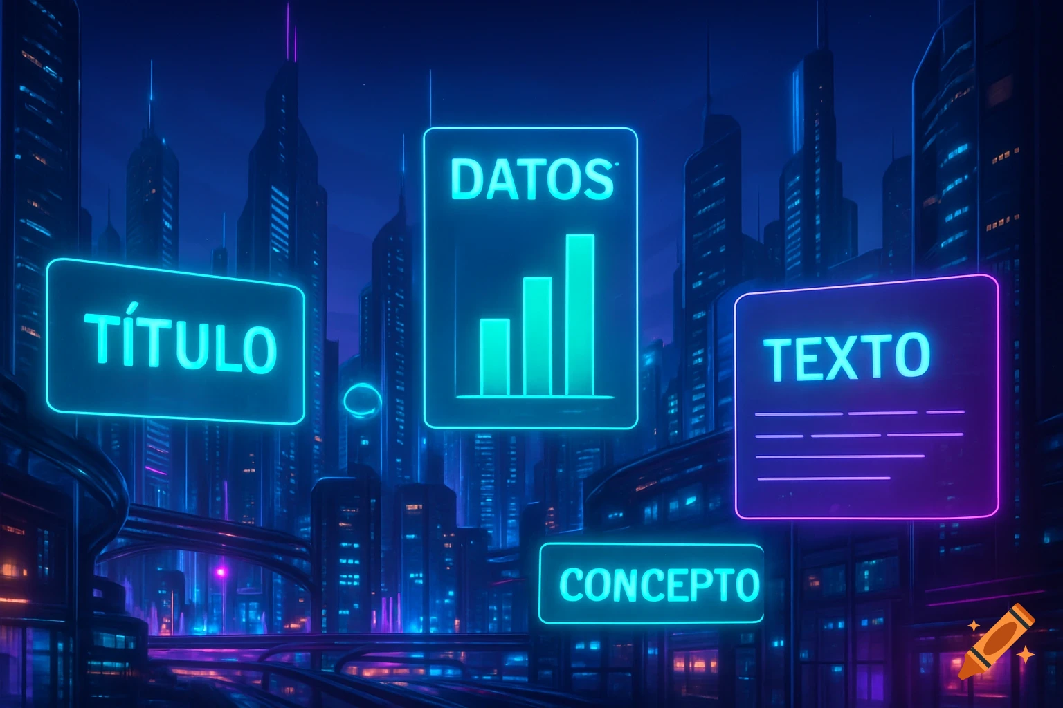 Neon-lit futuristic city with glowing digital screens displaying Spanish terms 'DATOS', 'TÍTULO', 'TEXTO', and 'CONCEPTO'.