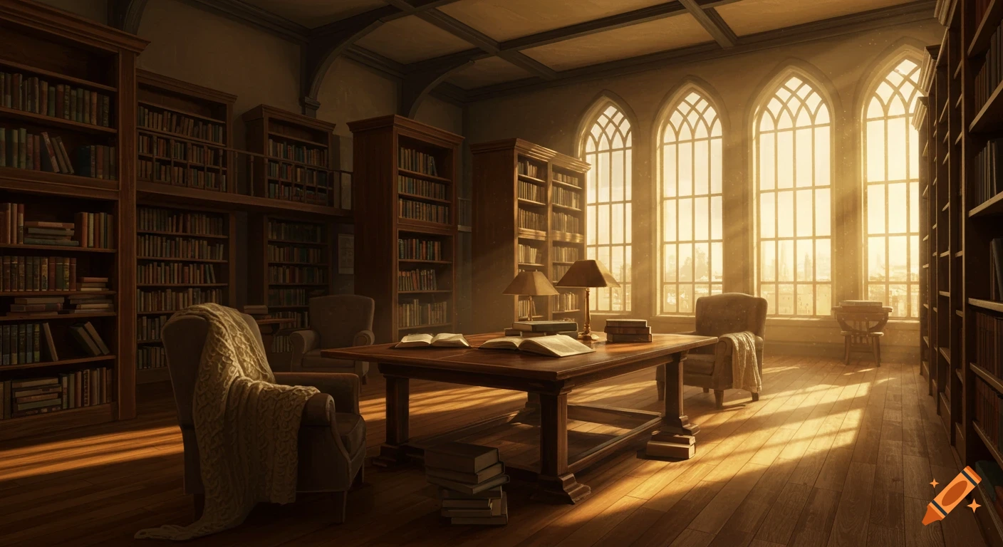 A cozy, sunlit school library interior with tall wooden bookshelves, a central table with open books, and armchairs by arched windows.