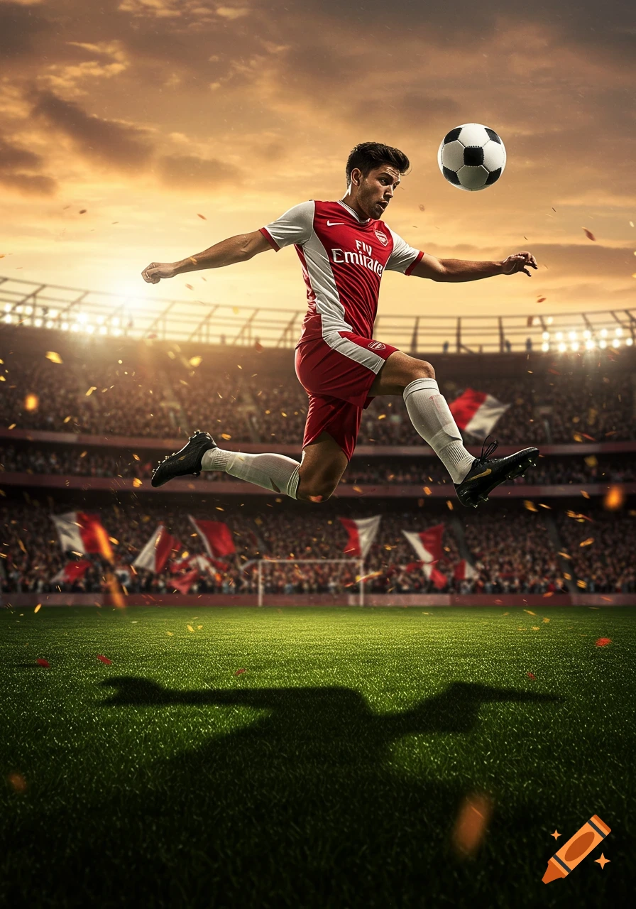 Photorealistic image of a male soccer player in a red and white uniform leaping to hit a ball in a stadium at sunset.