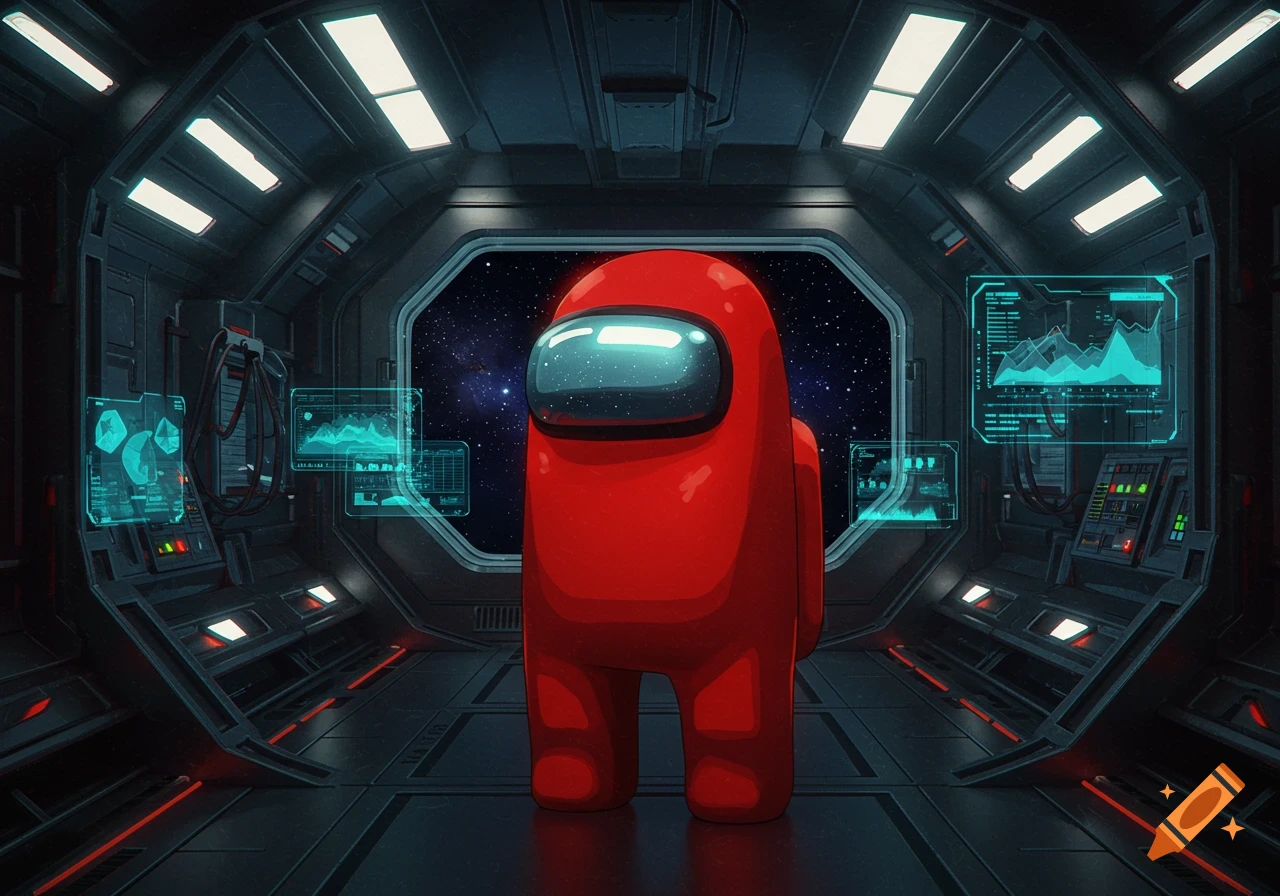A red Among Us character stands center in a detailed spaceship interior, gazing at stars through a window, surrounded by holographic displays.