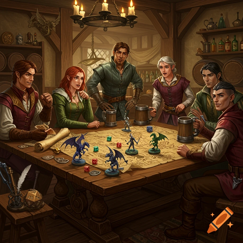 Fantasy characters gather around a table, playing a role-playing game with dragon miniatures and dice in a rustic tavern.