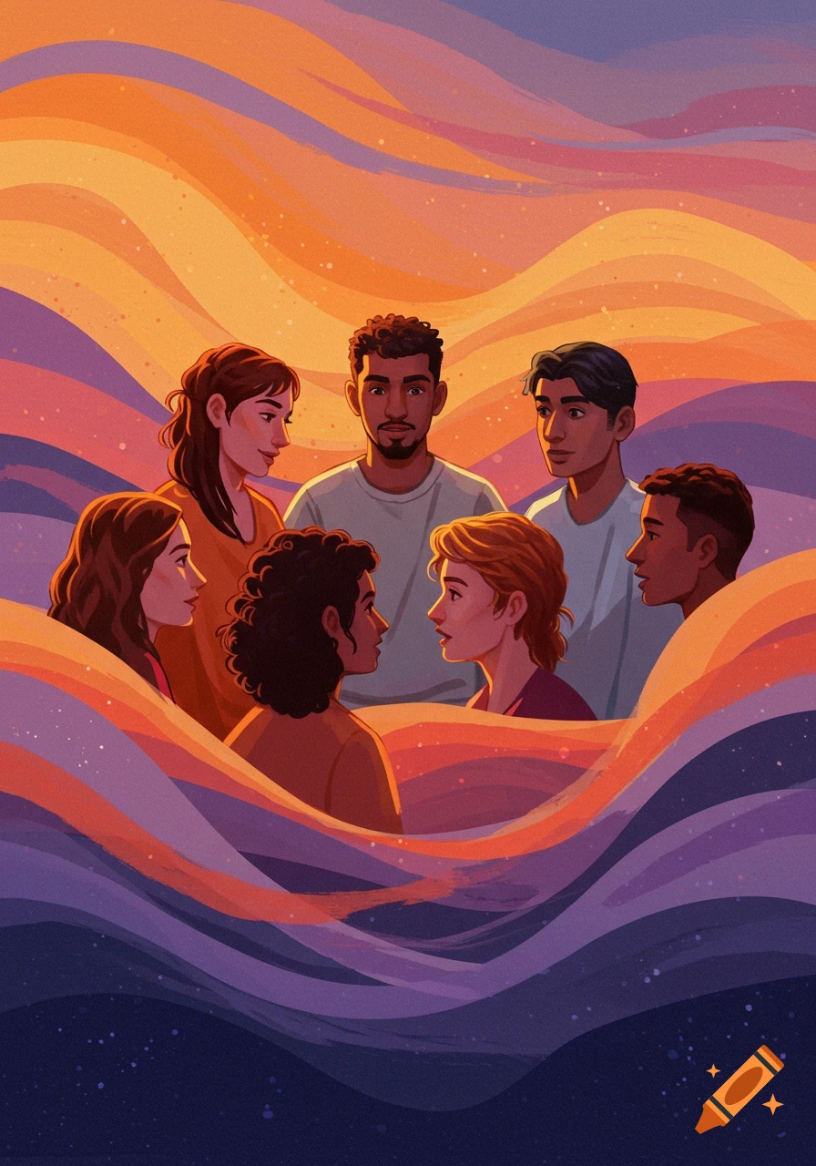 Six diverse people talking and looking at each other in a warm, abstract landscape with wavy orange, purple, and blue colors, illustration style.
