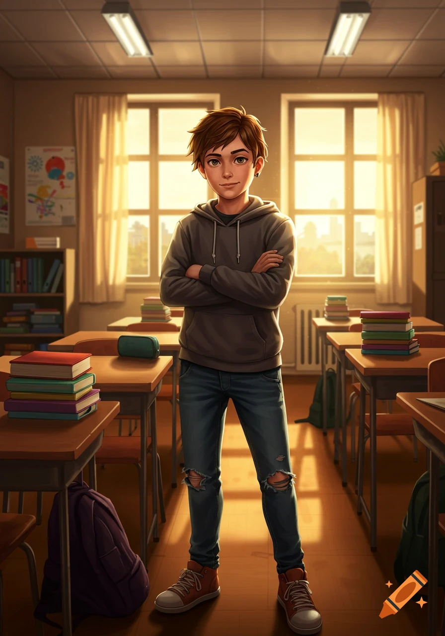 A brown-haired teenage boy with crossed arms stands confidently in a sunlit classroom, rendered in a vibrant digital art style.