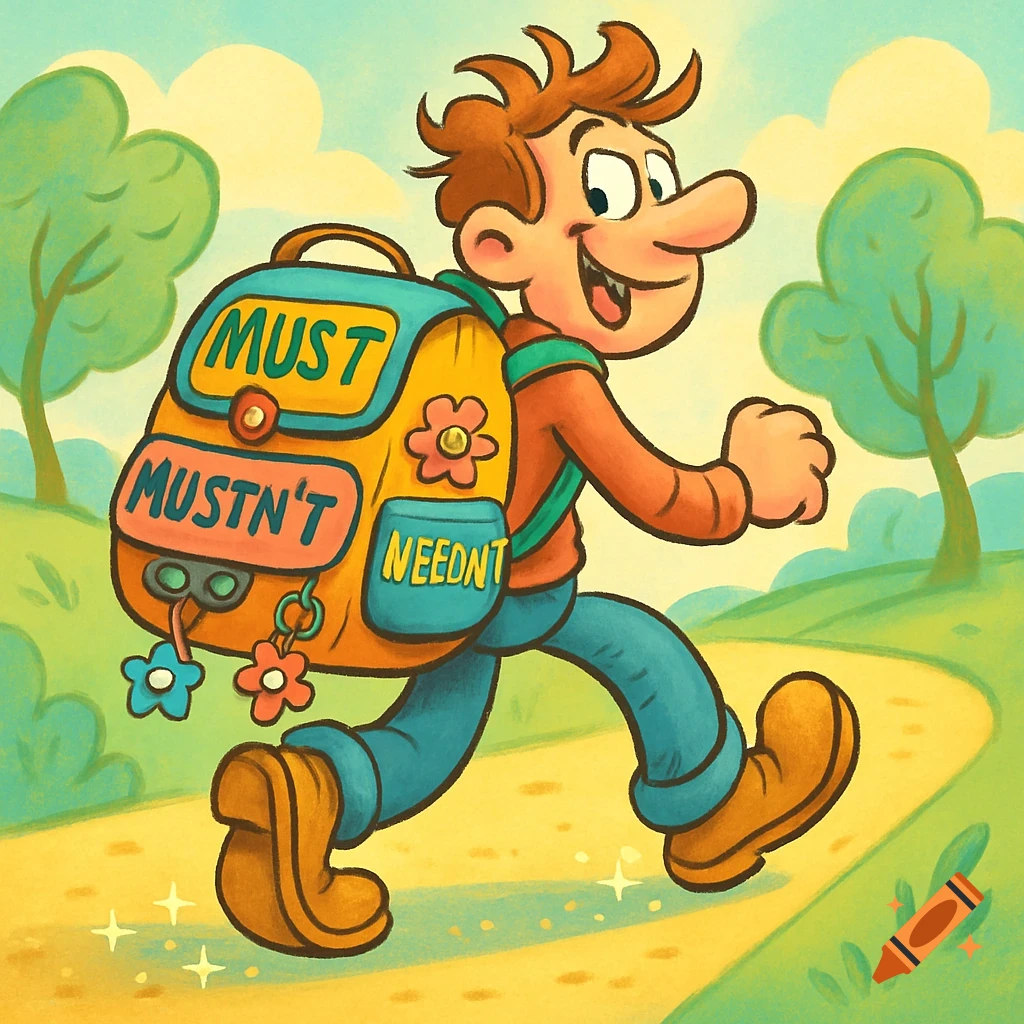 A cheerful cartoon character with reddish-brown hair runs along a path, wearing a yellow backpack with the words 'MUST', 'MUSTN'T', and 'NEEDN'T' on it.