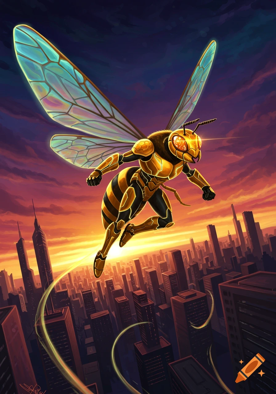 A bee superhero in gold and black armor with translucent wings soars over a city skyline at sunset in a vibrant comic book style.