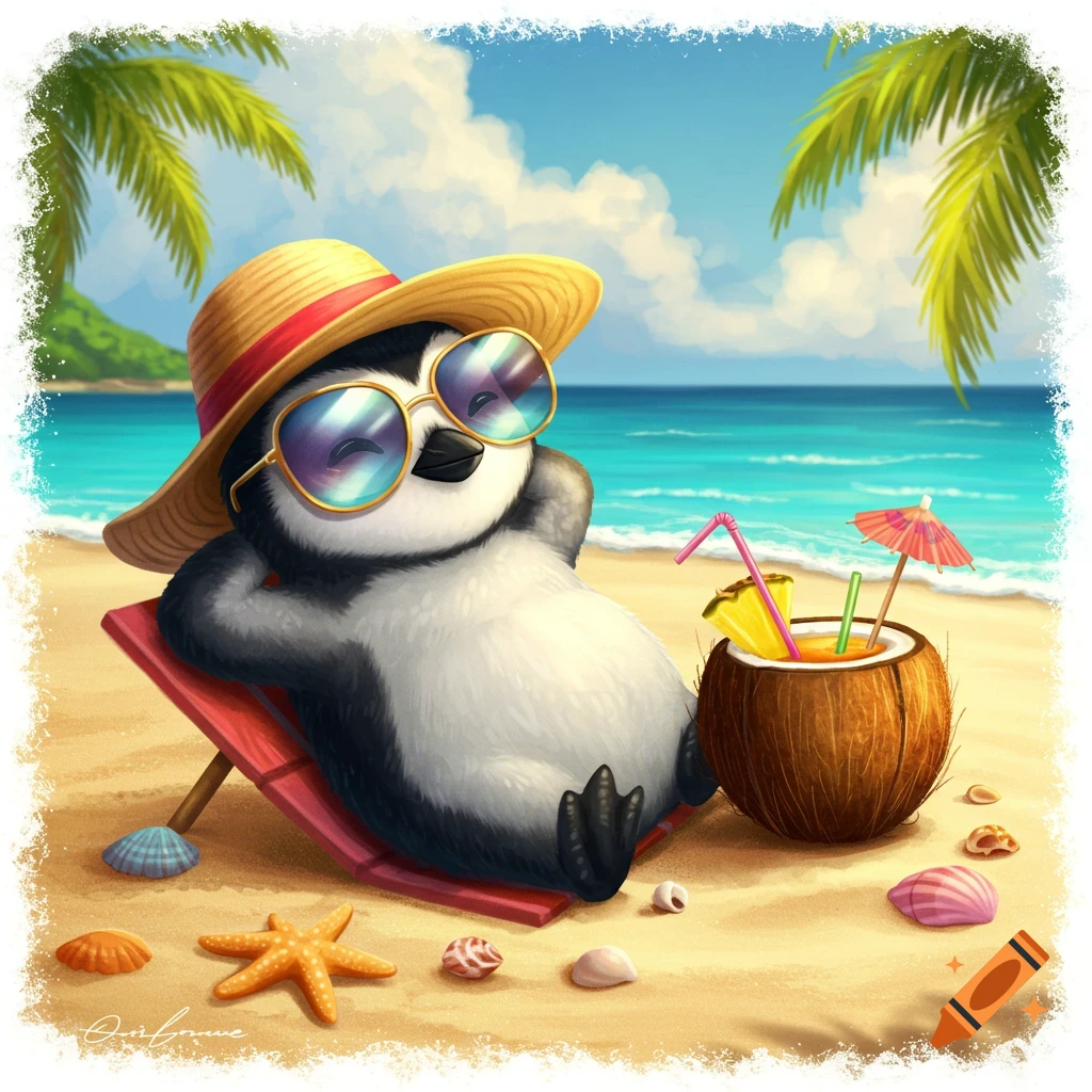 Cute cartoon penguin in a straw hat and sunglasses relaxing on a beach chair with a coconut cocktail.