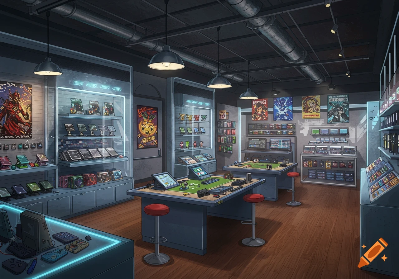 A modern illustration of a video game and trading card game store with display cases, gaming tables, and colorful posters on the walls.