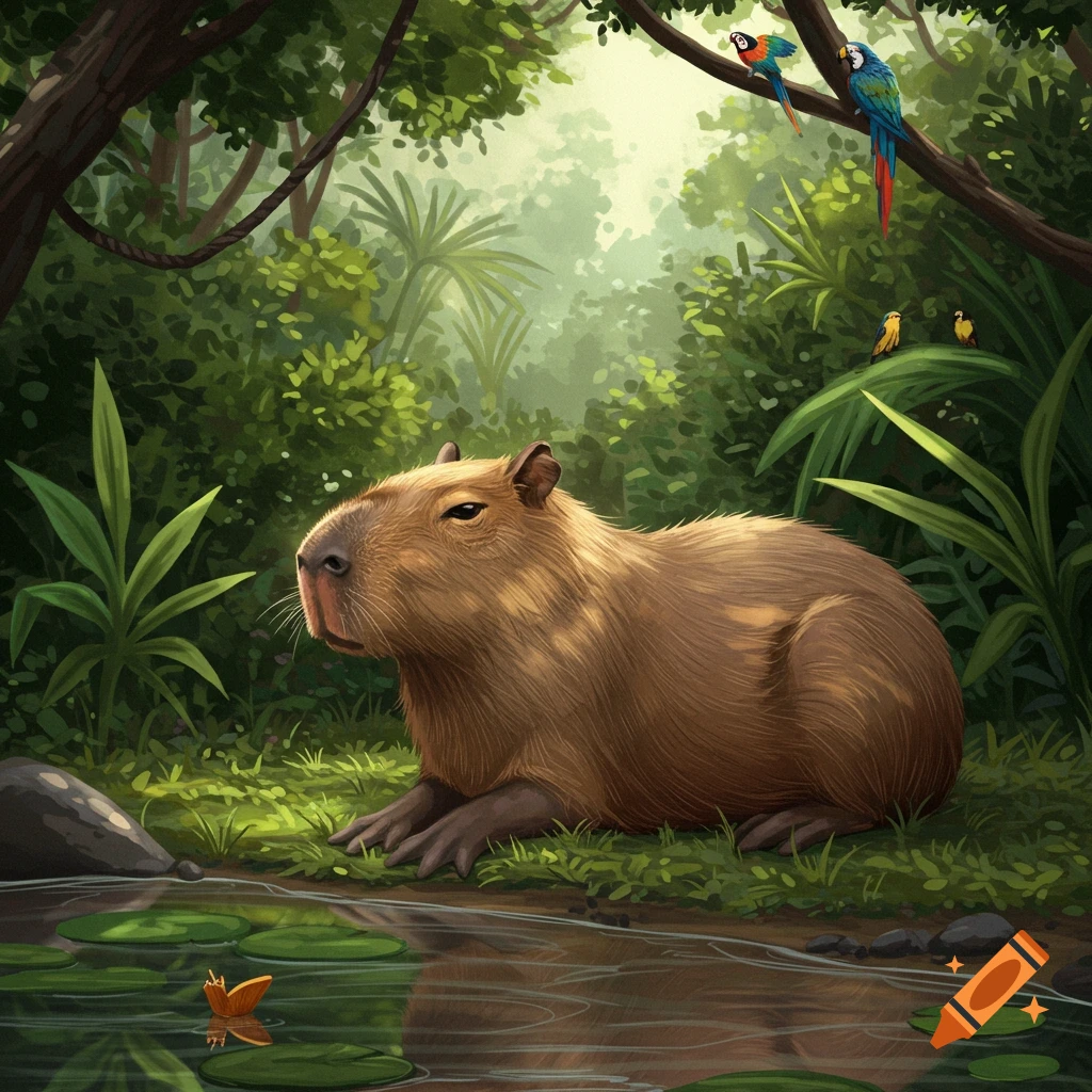 A capybara rests by a jungle stream with water lilies, surrounded by lush greenery and colorful birds in trees, digital painting.