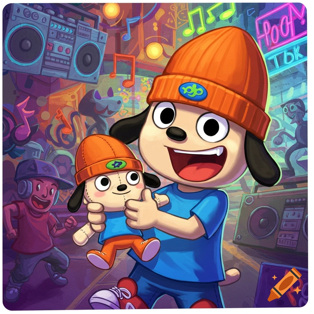 Cartoon dog character, Parappa the Rapper, holds a plush doll of himself, smiling in a vibrant, music-filled urban street scene.