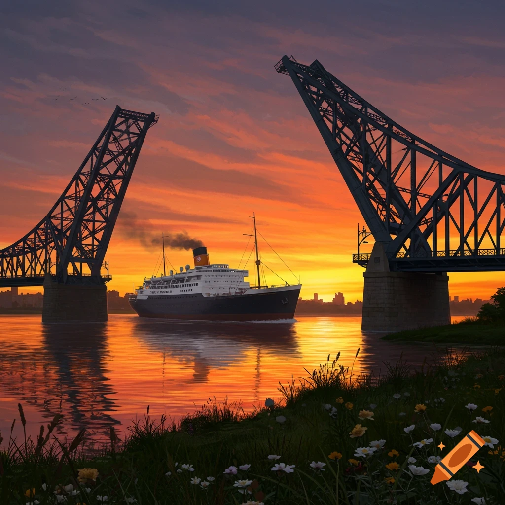 A large ship navigates a river between a raised drawbridge at a vibrant orange and purple sunset, with flowers in the foreground.