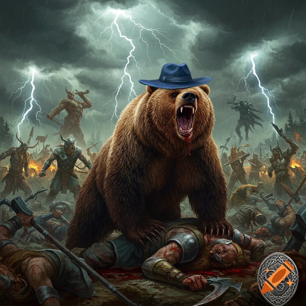 A large brown bear in a blue fedora, bloody-mouthed, stands on a fallen warrior on a stormy fantasy battlefield with lightning and other warriors fighting.