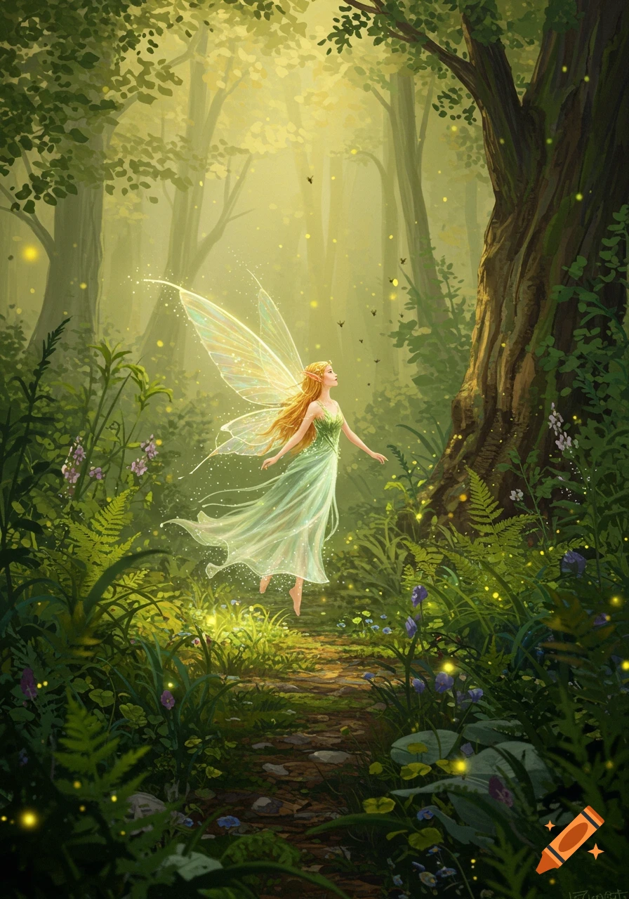 A radiant fairy with long blonde hair, glowing wings, and a flowing green dress floats gracefully in a sunlit enchanted forest.
