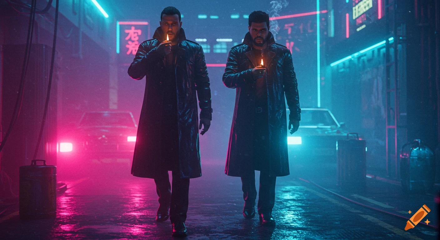 Two men in long black trench coats walk down a wet, neon-lit cyberpunk street, one lighting a cigar, cars in the foggy background. Stylized, cinematic.