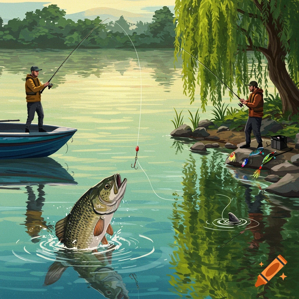 Two men fishing, one in a boat and one on shore, as a fish jumps from the water in a vibrant, stylized illustration.