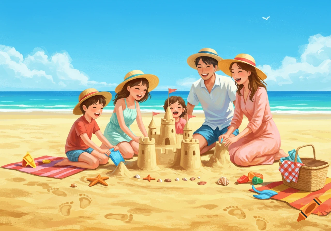 A happy family, two parents and two children, building a sandcastle on a sunny beach in a cheerful illustration style.