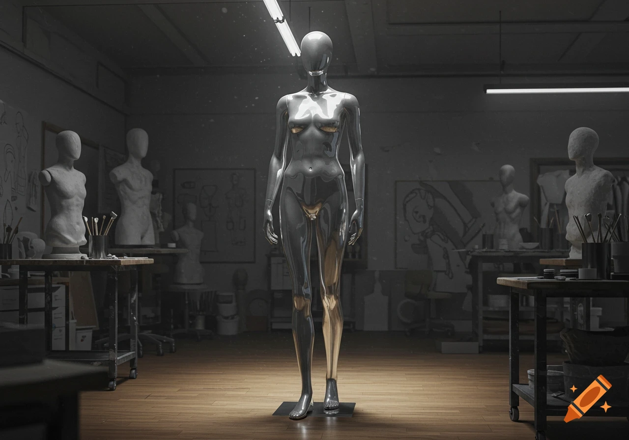 A metallic, stylized mannequin stands centrally in a dimly lit art studio, surrounded by plaster busts and sketches.