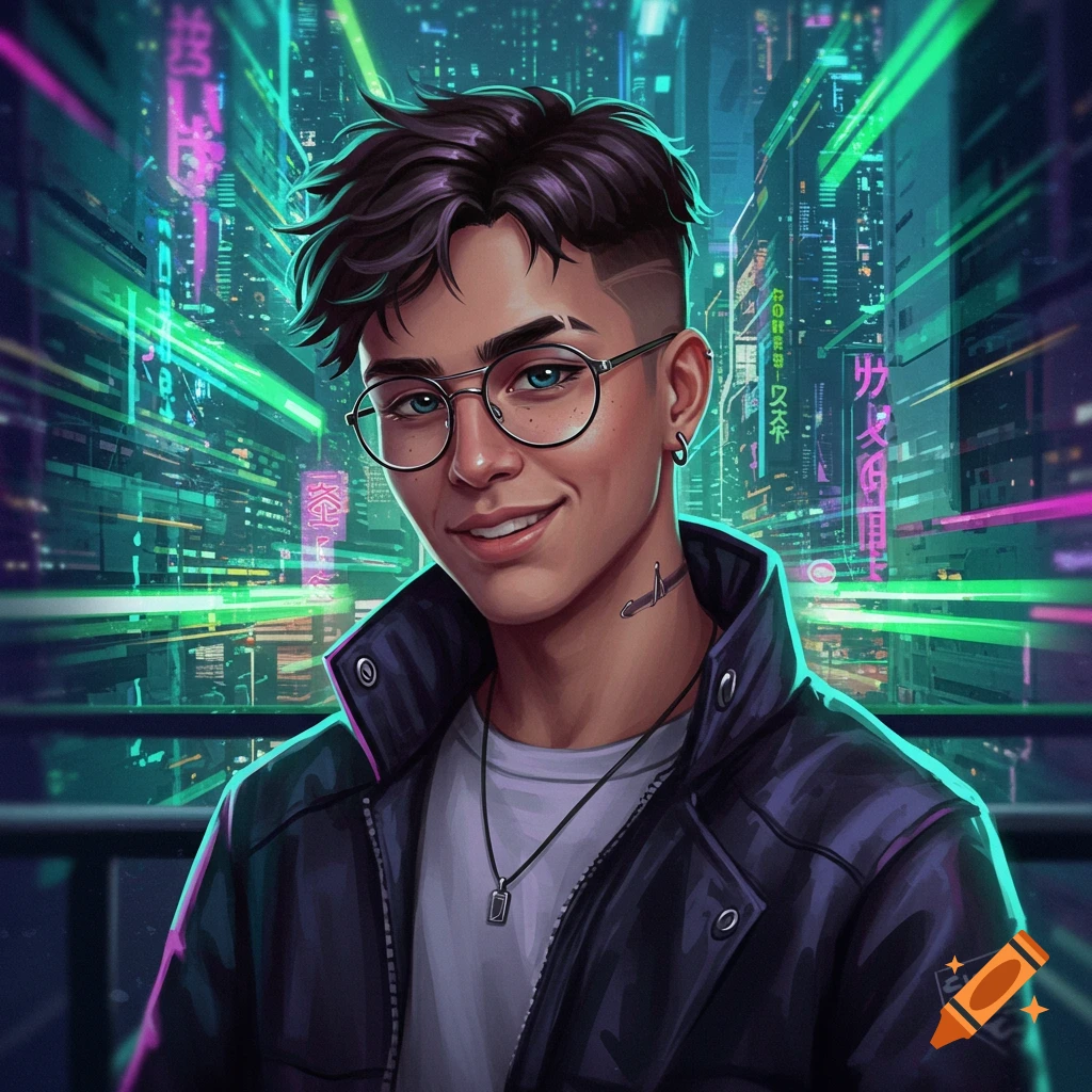 A smiling young man in glasses and a black jacket, with a cyberpunk city background, in a digital art style.