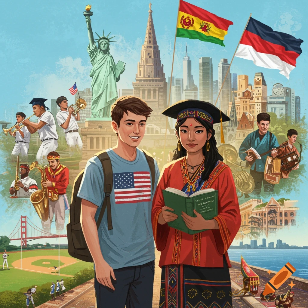 Illustration of two smiling students, one male in a US flag shirt and one female in traditional attire, against a backdrop of global landmarks and diverse cultural scenes.