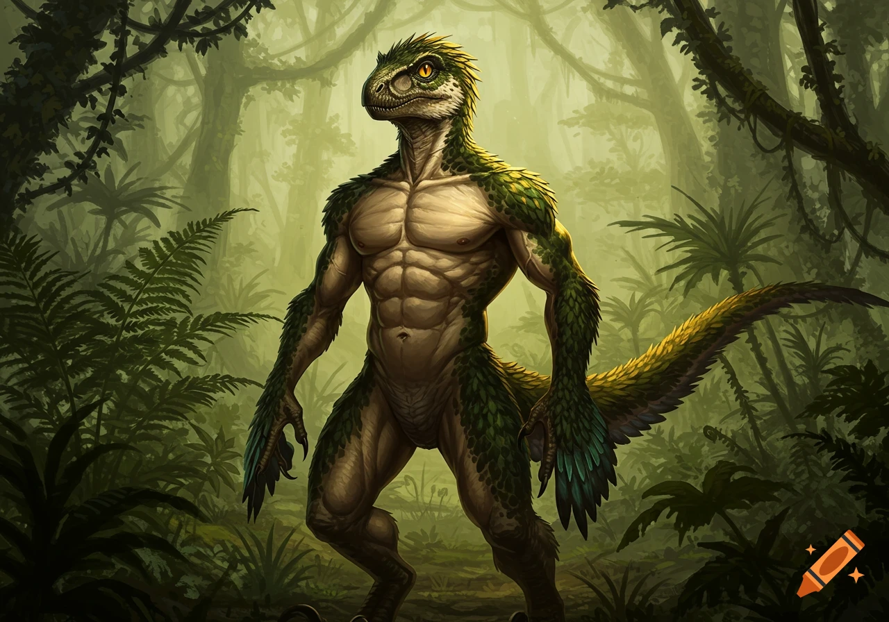 A muscular, green and beige anthropomorphic Utahraptor stands in a lush tropical jungle in a detailed digital art style.
