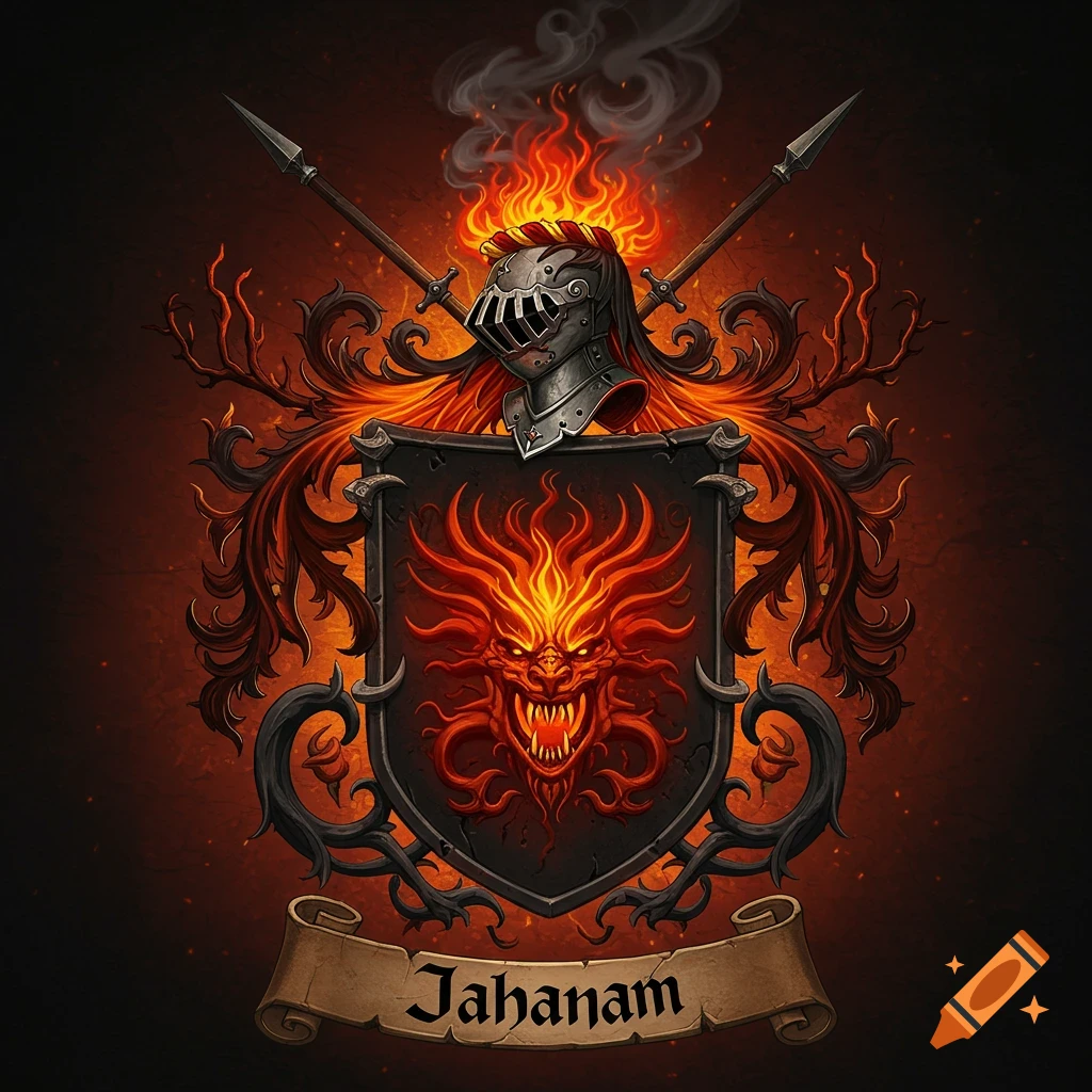 A fantasy heraldic coat of arms with a fiery red dragon on a shield, a knight's helmet, crossed spears, and 'Jahanam' on a scroll.