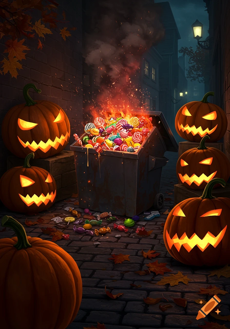 Jack-o'-lanterns illuminate a dark alleyway where a dumpster overflows with burning candy, surrounded by scattered sweets and autumn leaves.