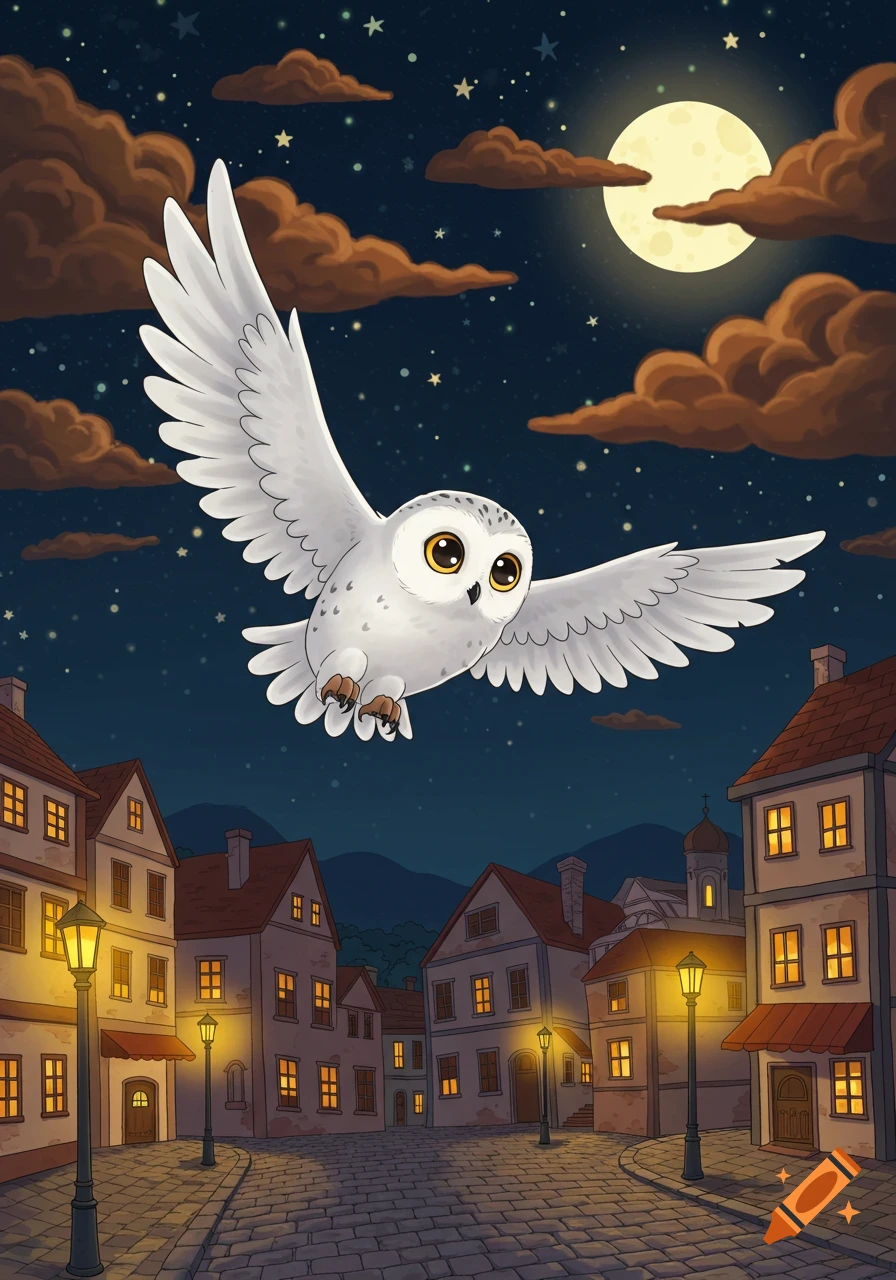 A cute, cartoon-like snowy owl flies across the night sky above a picturesque town, illuminated by a full moon and warm lights.