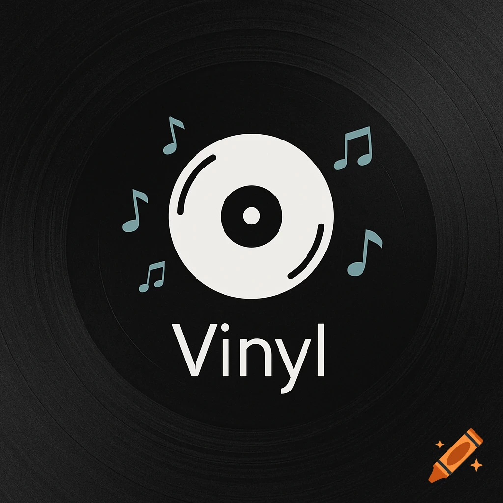 Minimalist white vinyl record icon with light blue music notes and 'Vinyl' text on a dark textured vinyl background.