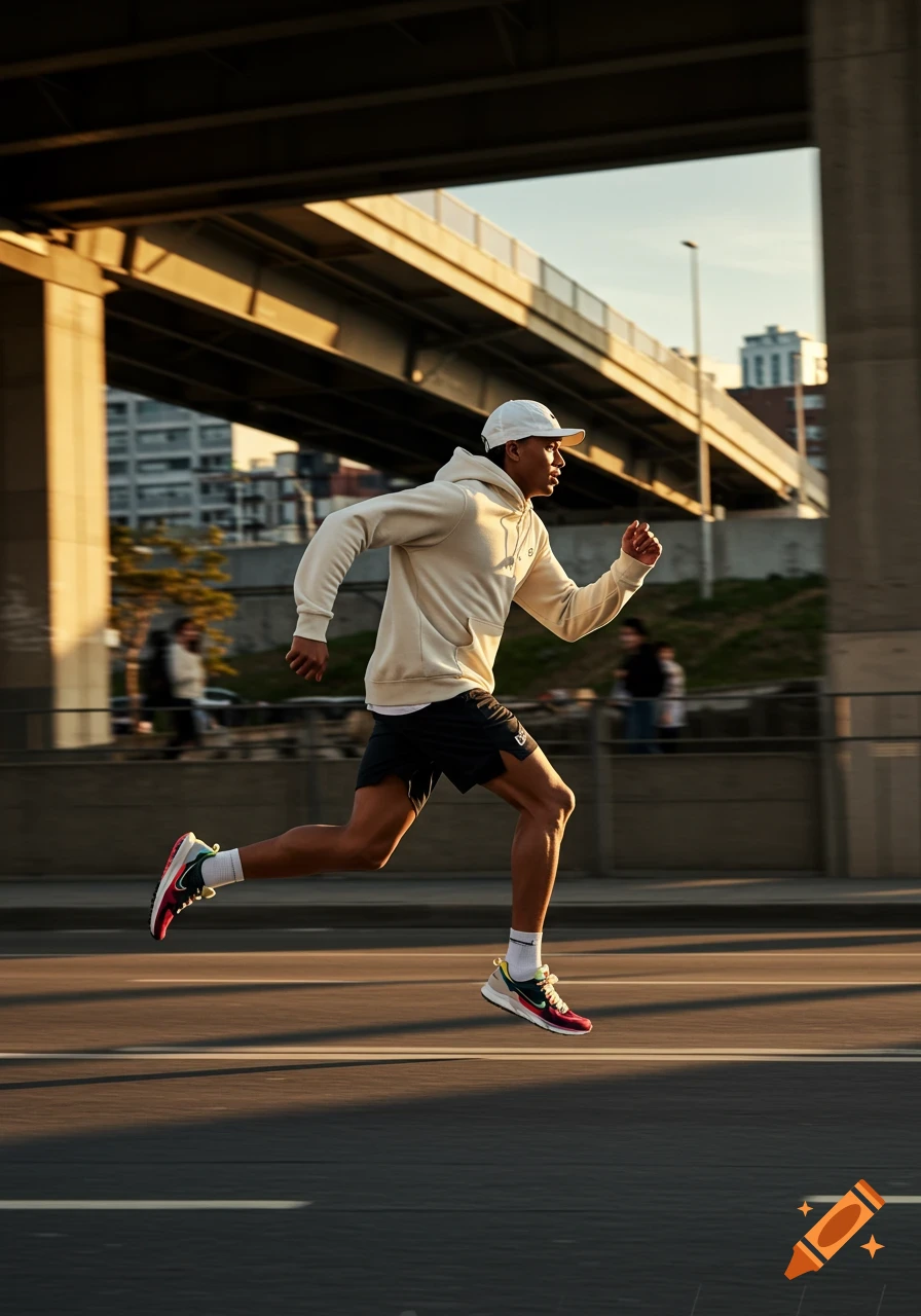 A stylish athletic man mid-run on an urban asphalt path under a concrete overpass, wearing a cream hoodie and colorful sneakers, bathed in golden sunlight.