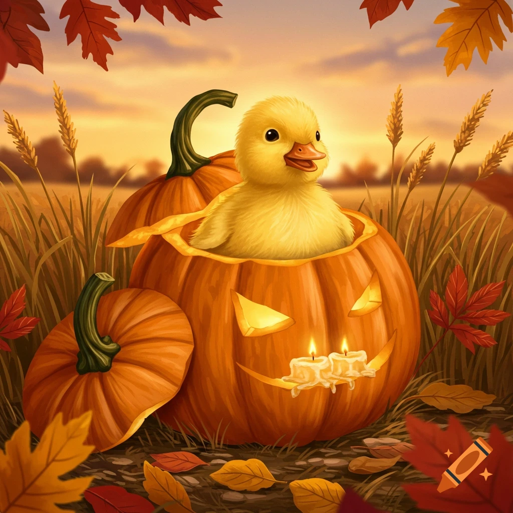 A fluffy yellow duckling sits inside a carved jack-o'-lantern surrounded by pumpkins and autumn leaves at sunset.
