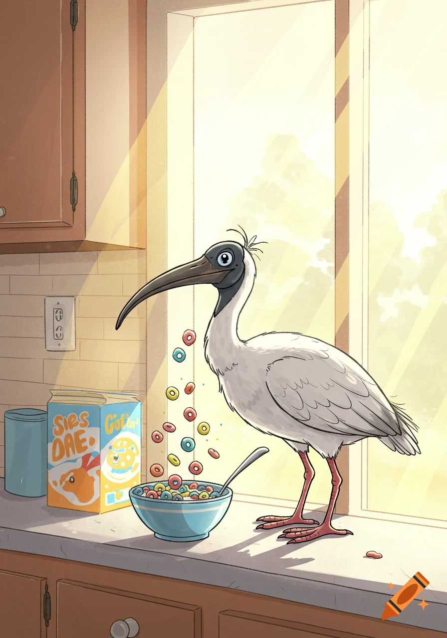 A cartoon Australian ibis stands on a kitchen counter, spilling colorful cereal while eating from a bowl next to a sunlit window.