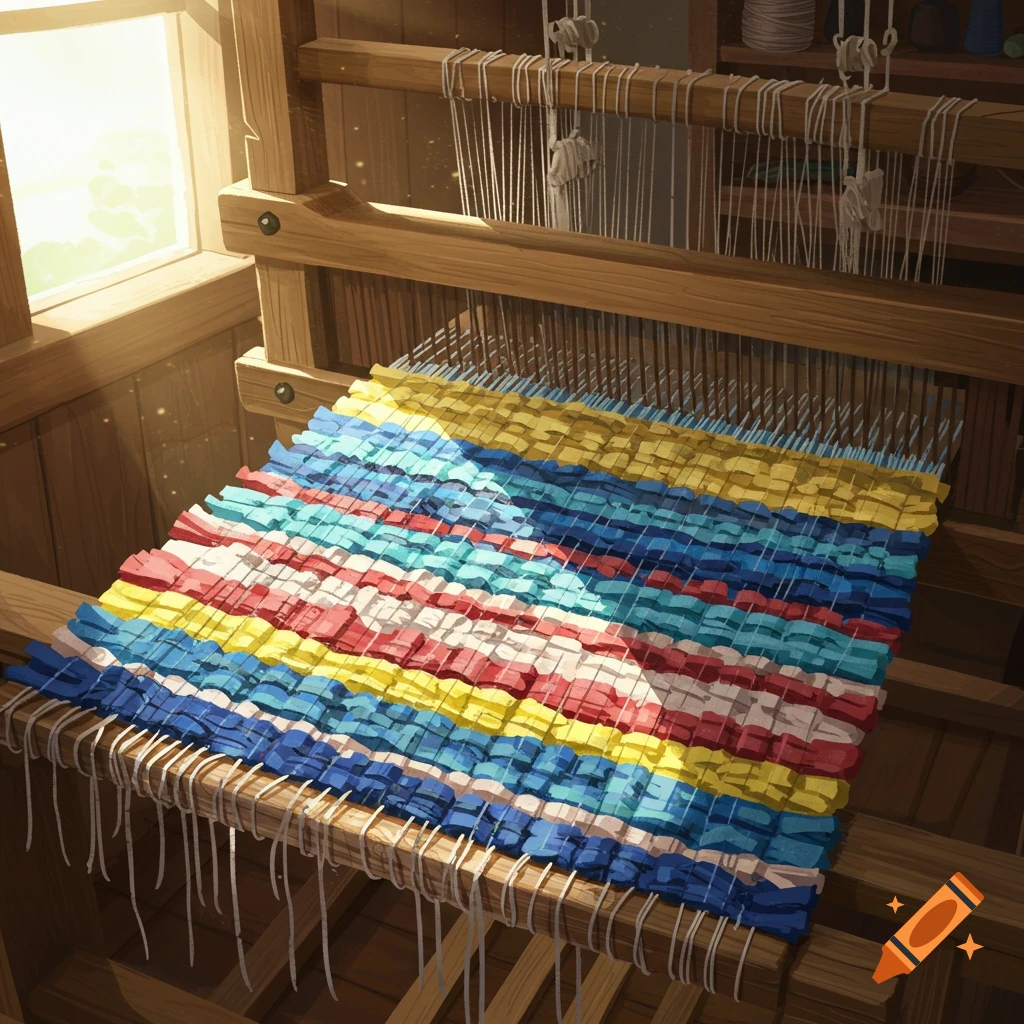 A colorful rag rug being woven on a wooden loom, illuminated by sunlight from a nearby window.