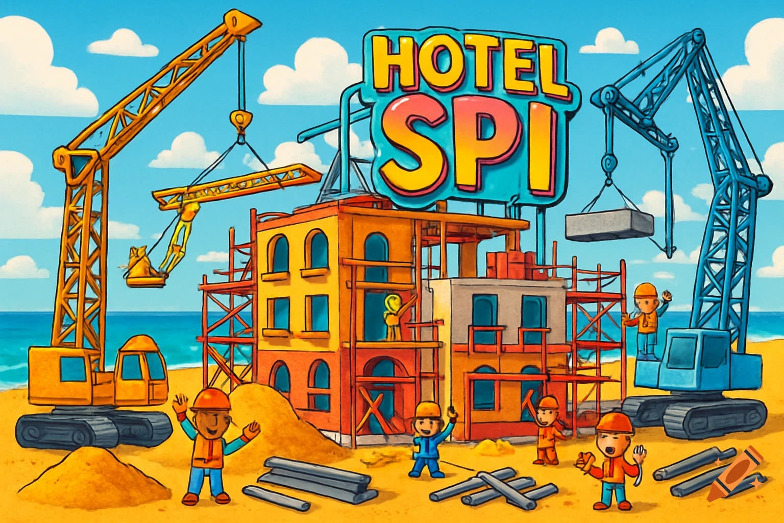 Cartoony construction scene on a sunny beach, with cranes building a hotel sign reading 'Hotel SPI' and workers.
