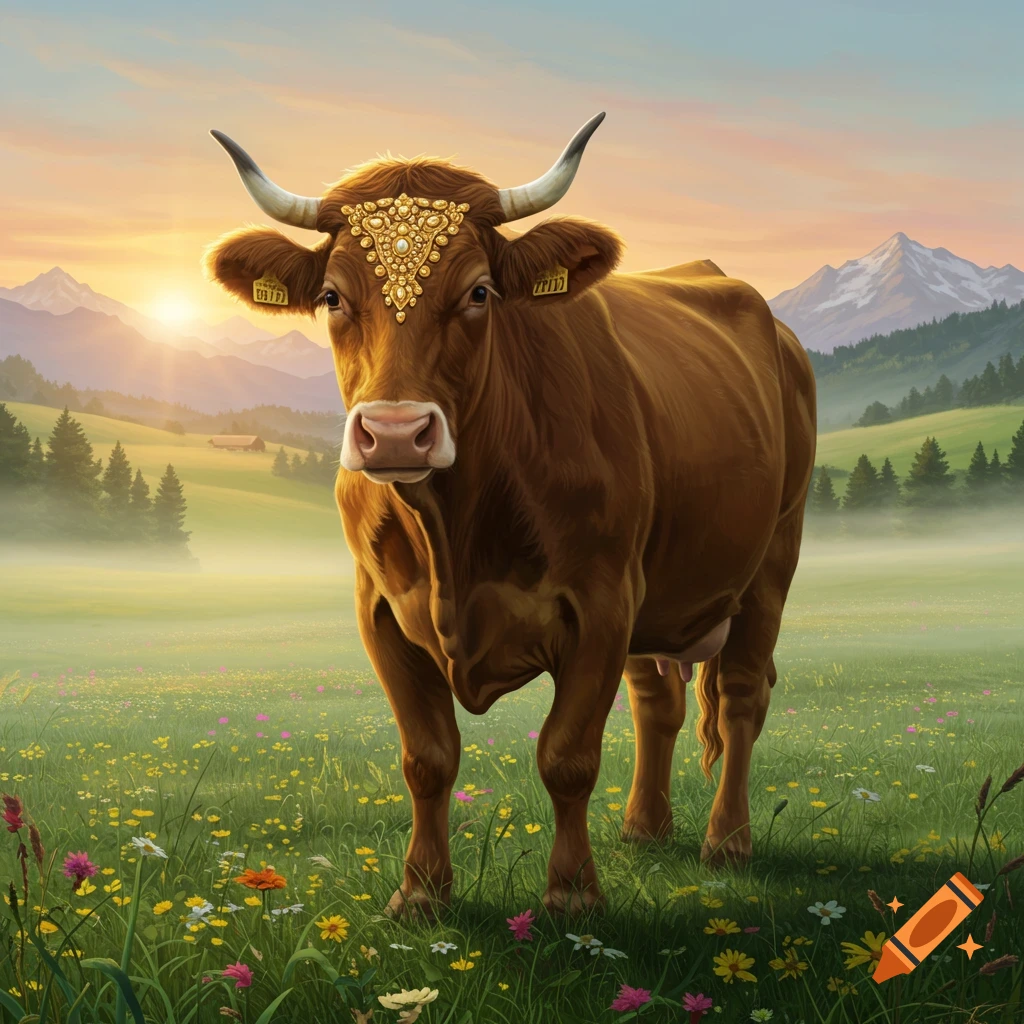 A brown cow with ornate golden headpiece stands in a vibrant meadow filled with wildflowers at sunrise, with misty mountains in the distance, photorealistic style.
