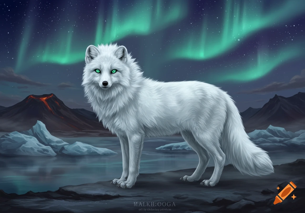 A white arctic fox with bright green eyes stands by a reflective icy lake, with a glowing volcano and icebergs under a starry aurora night. Digital art.