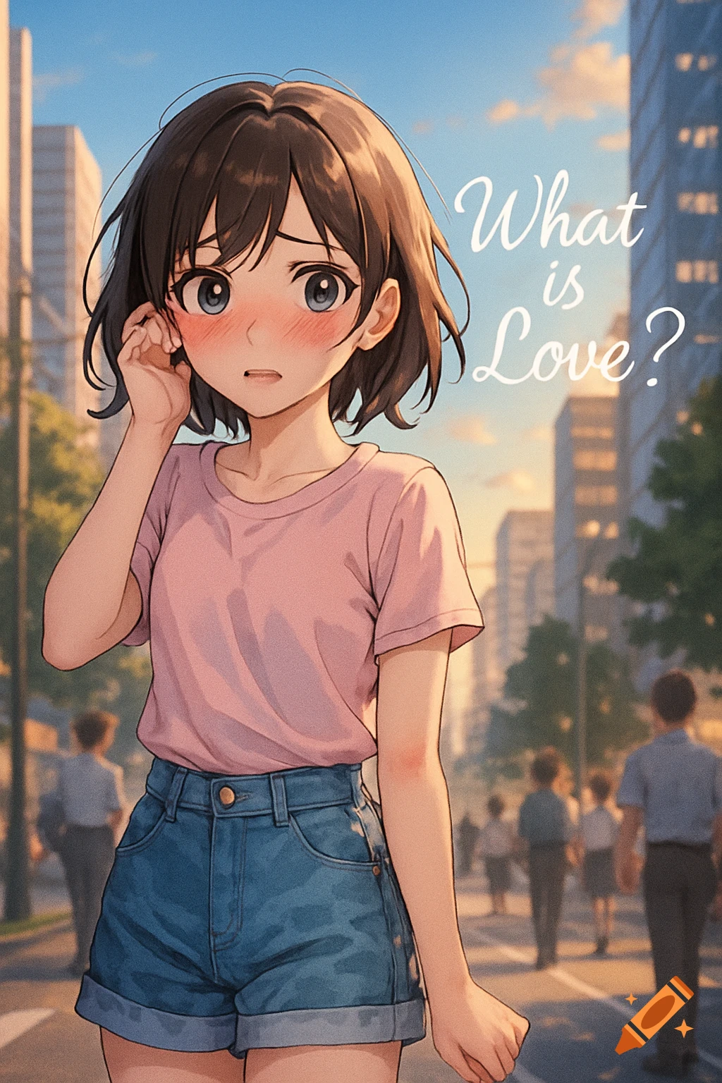 An anime girl with blush, wearing a pink shirt and denim shorts, stands on a city street with text 'What is Love?'