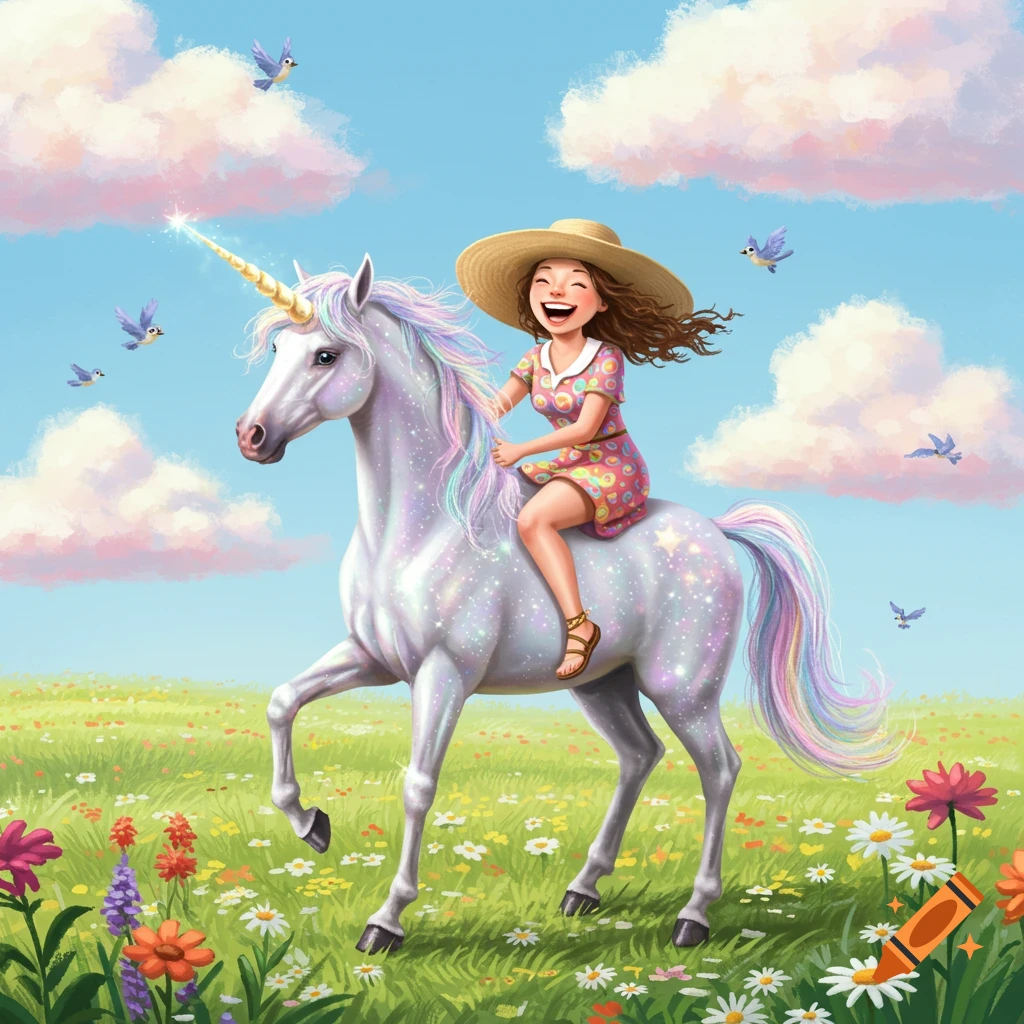 A smiling girl in a straw hat rides a sparkling white unicorn through a vibrant flower field under a blue sky with birds and clouds.