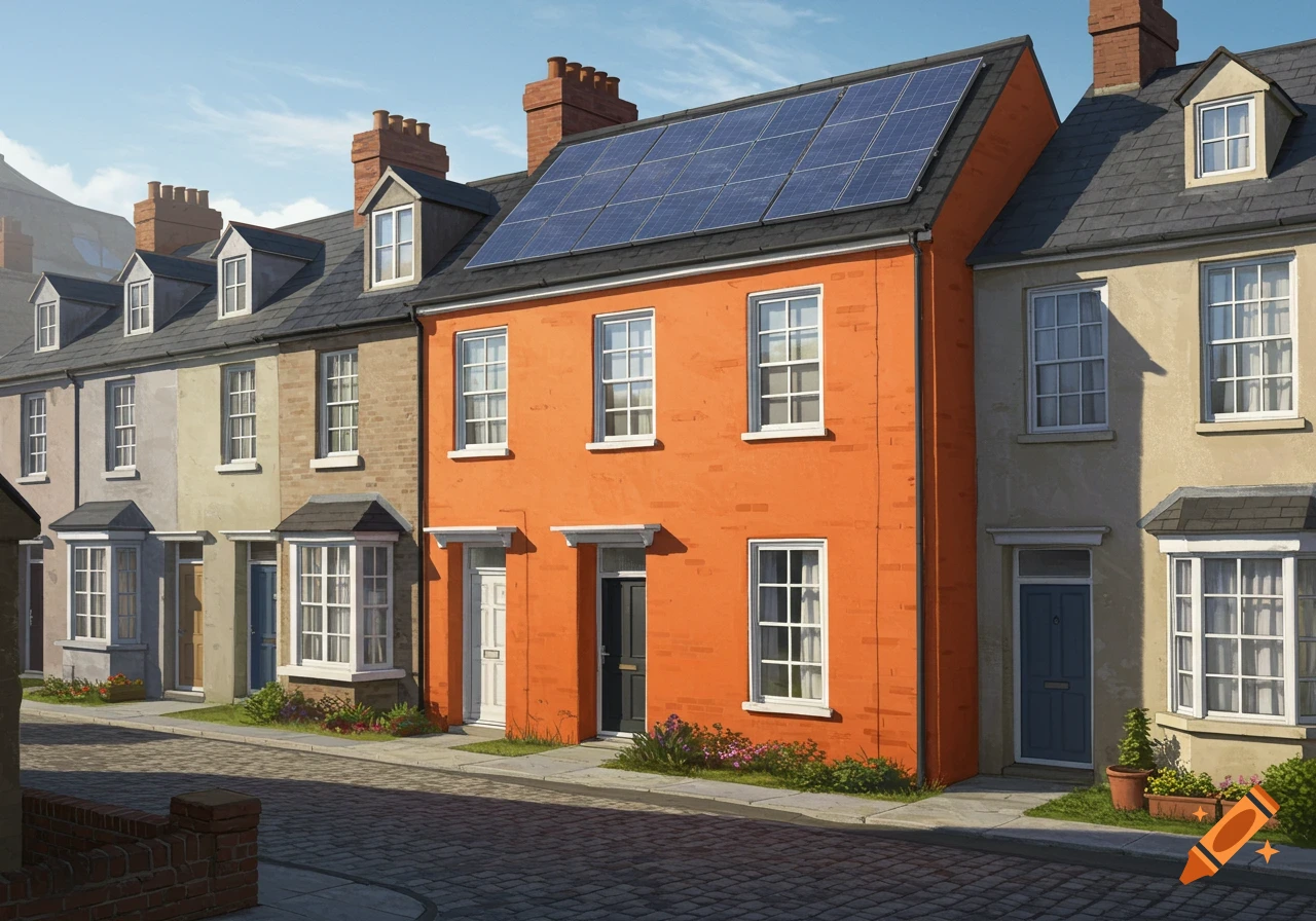 A vibrant orange renovated terraced house with solar panels stands out in a row of older, unrenovated houses along a cobblestone street.