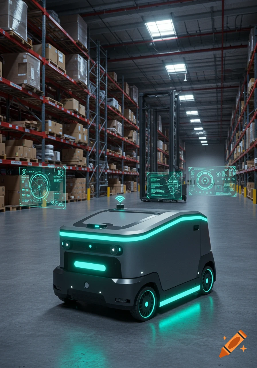 A robotic AGV with teal neon lights moves through a warehouse aisle, accompanied by floating holographic data displays.