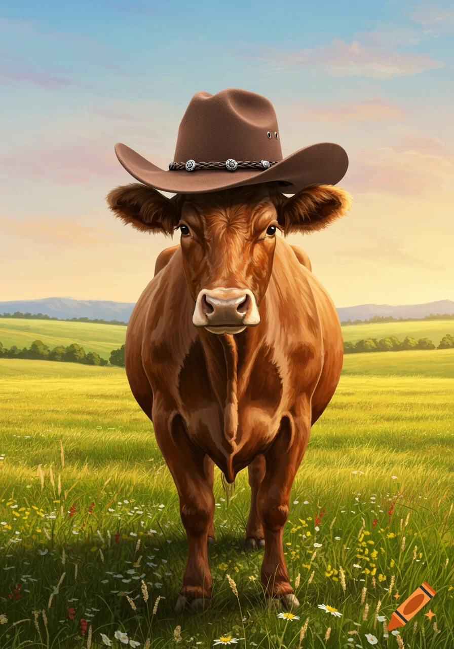 A brown cow wearing a cowboy hat stands in a green field with wildflowers under a clear sky.